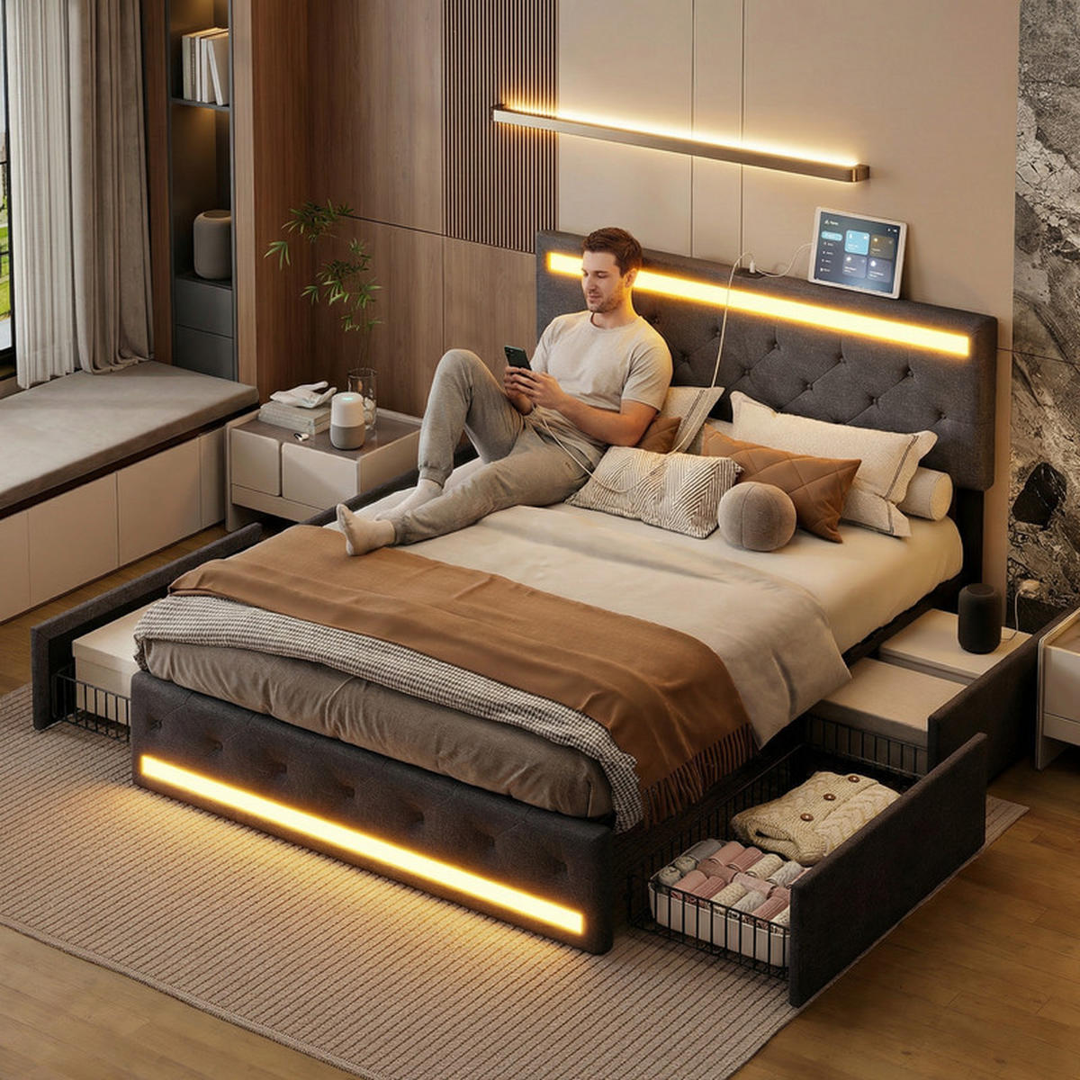 POLSTERBETT 140/200 cm grau mit Schubladen, LED und USB - Grau, Holz