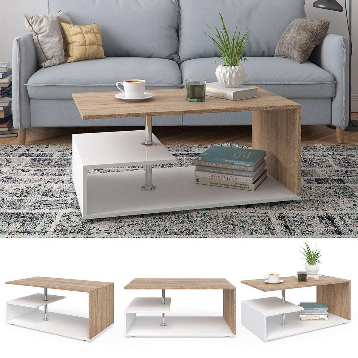 COUCHTISCH Guillermo Weiß/Sonoma 91 x 52,6 cm - Weiß/Sonoma Eiche, Holzwerkstoff (52.6/91/41cm) - Vicco