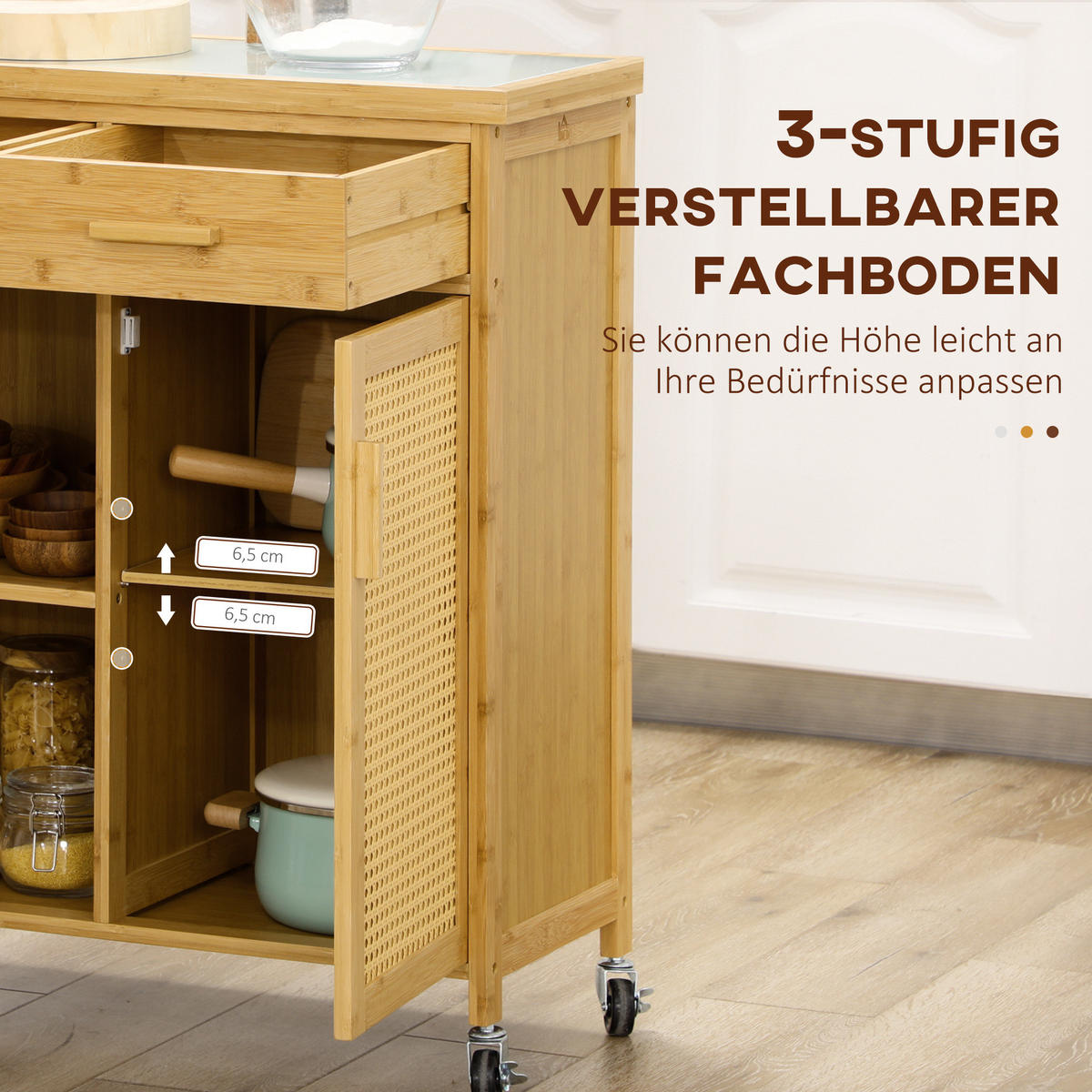 KÜCHENWAGEN Rollwagen 84x36x85cm Bambus Rattan mit Glasplatte & 4 Rollen - Naturfarben, Holz (36/85/84cm) - Modfu