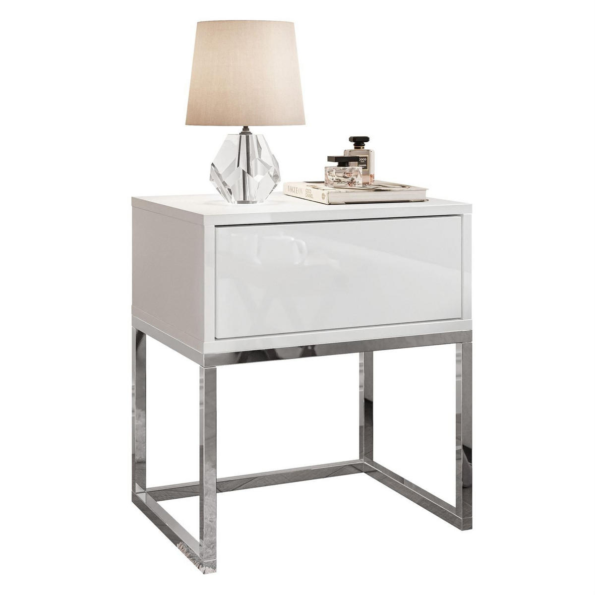 NACHTTISCH BLANCO GLAMOUR Weiß Hochglanz auf verchromtem Gestell PUSH OPEN - Weiß Hochglanz, Holzwerkstoff (45/53/36.6cm) - Lookway