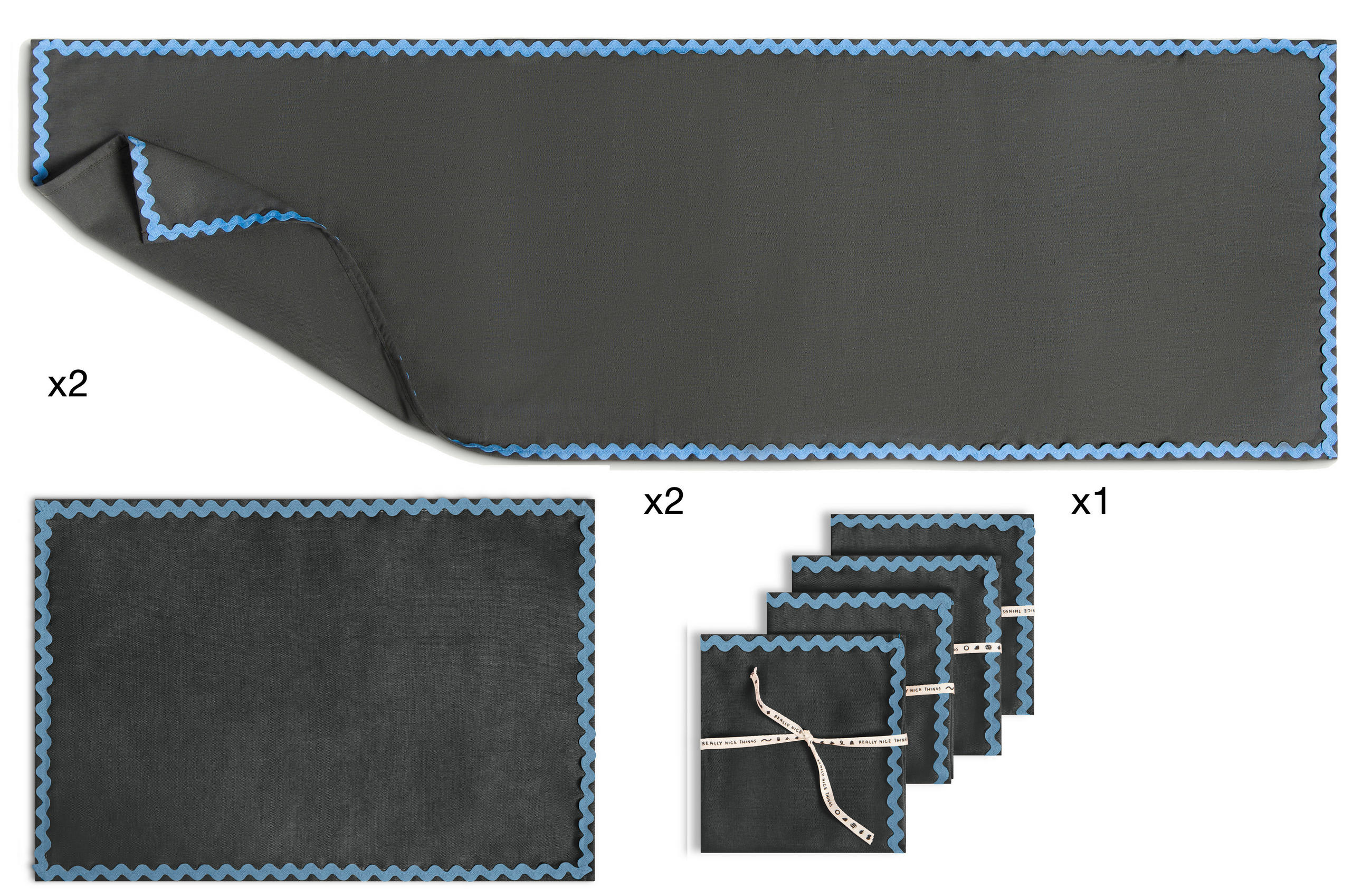 TISCHET 8-teilig, 100% Leinen, grau und blau SET WAVY - Grau, Textil (40/130cm) - RNT By Really Nice Things