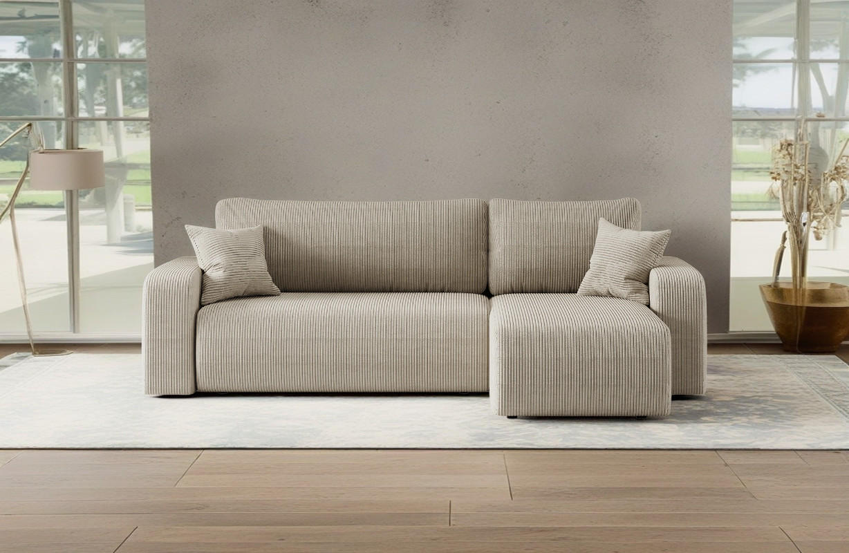 ECKSOFA L-FORM Schlaffunktion Und Bettkasten Eckcouch MILANO L Stoff Dicker Cord Dunkelbeige Rechts - Cappuccino, Holz/Textil (244/142cm) - Kaiser Möbel