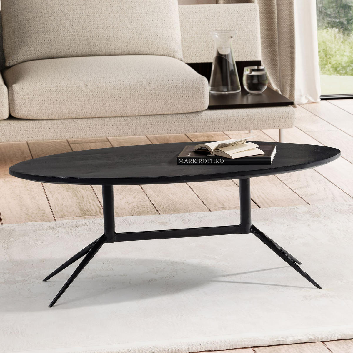 COUCHTISCH Oval in Schwarz aus Mango Massivholz und Metall, 90x50x35 cm mit natürlicher Holzmaserung - Schwarz, Holz/Metall (50/90/35cm) - KADIMA DESIGN