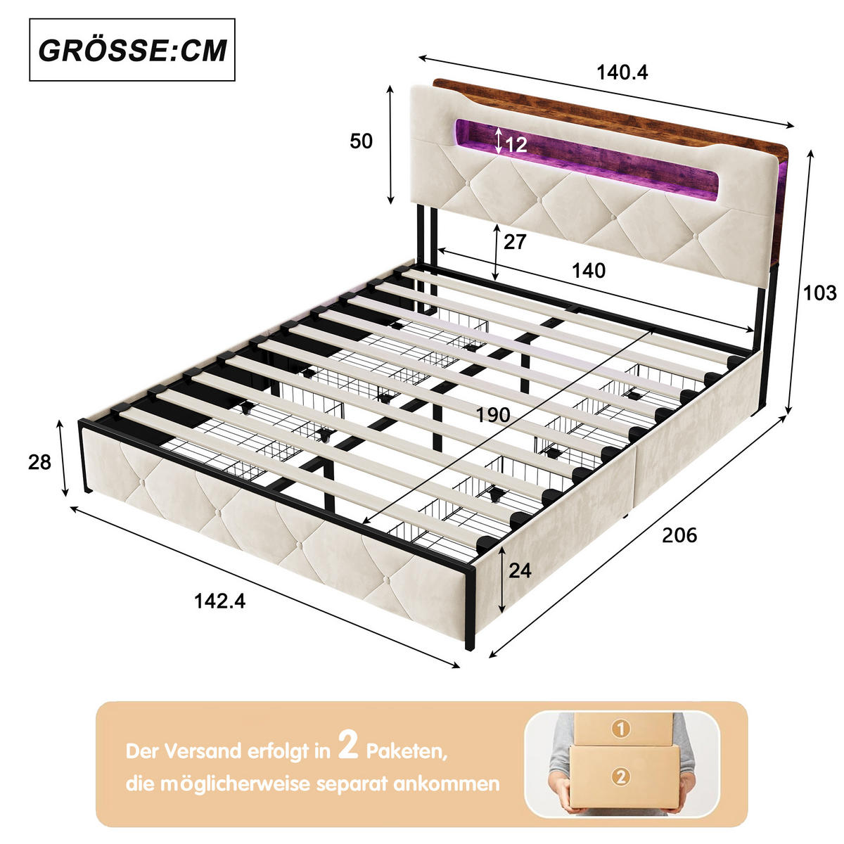 POLSTERBETT 140x190 cm Beige mit 4 Schubladen, LED Beleuchtung, Stauraum Kopfteil mit USB und Typ-C - Beige, Metall (140/190cm) - EuroLiving