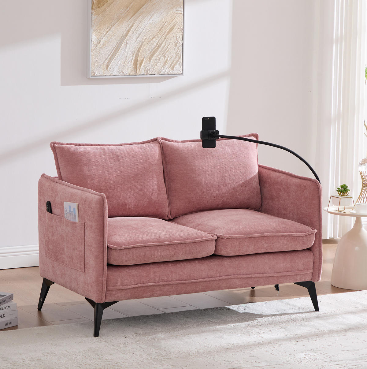 SOFA 2-Sitzer mit Handyhalterung und Ablagefächern Chenille Pink 127/69/66 cm - Rosa, Textil (127/66/69cm) - OKWISH