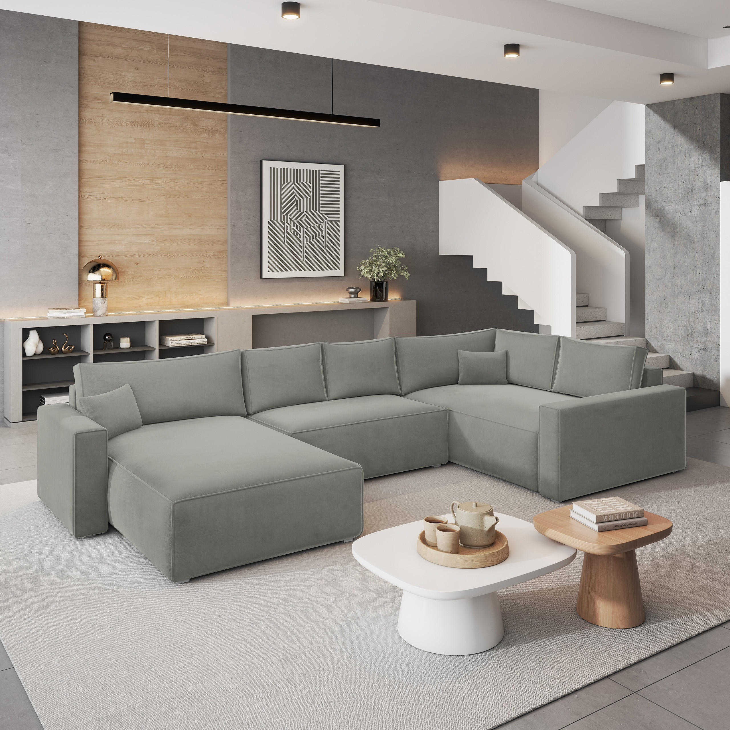 WOHNLANDSCHAFT VELAMI R-S Hellgrau Velours-Stoff mit Schlaffunktion - Hellgrau, Holz (365/83/194cm) - MASSENO