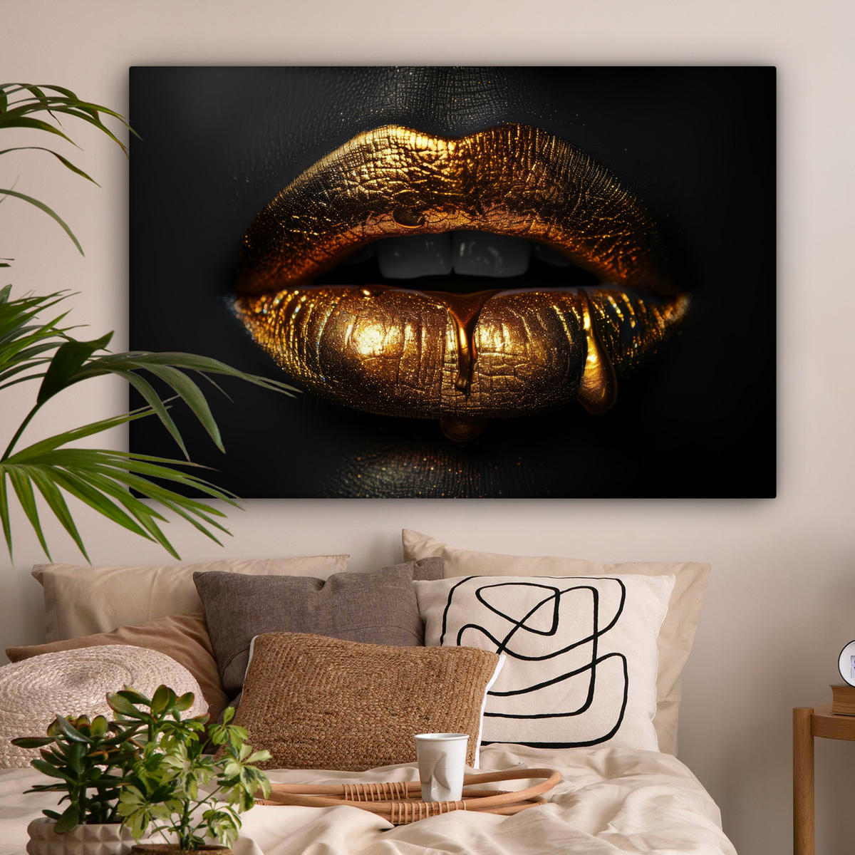 LEINWANDBILD Frau - Porträt - Lippen - Gold - Schwarz Groß 140x90 cm - Schwarz, Textil (140/90cm) - MuchoWow
