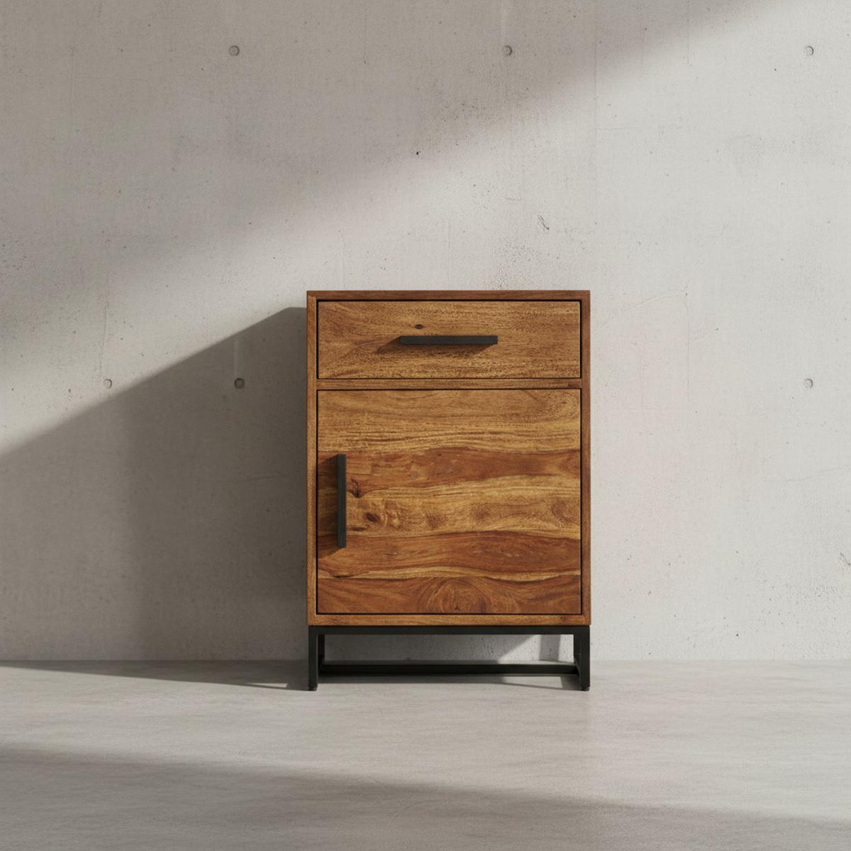 NACHTTISCH – Massivholz/Eisen, Schublade & Tür, Industrial-Stil - Schwarz/Braun, Holz/Metall (45/65/35cm) - KADIMA DESIGN