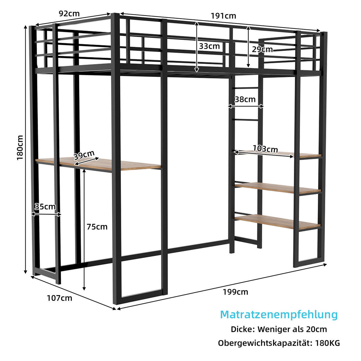 ETAGENBETT 90/200 cm schwarz aus Eisen mit Schreibtisch und beidseitiger Leiter - Schwarz, Metall (90/200cm) - OKWISH