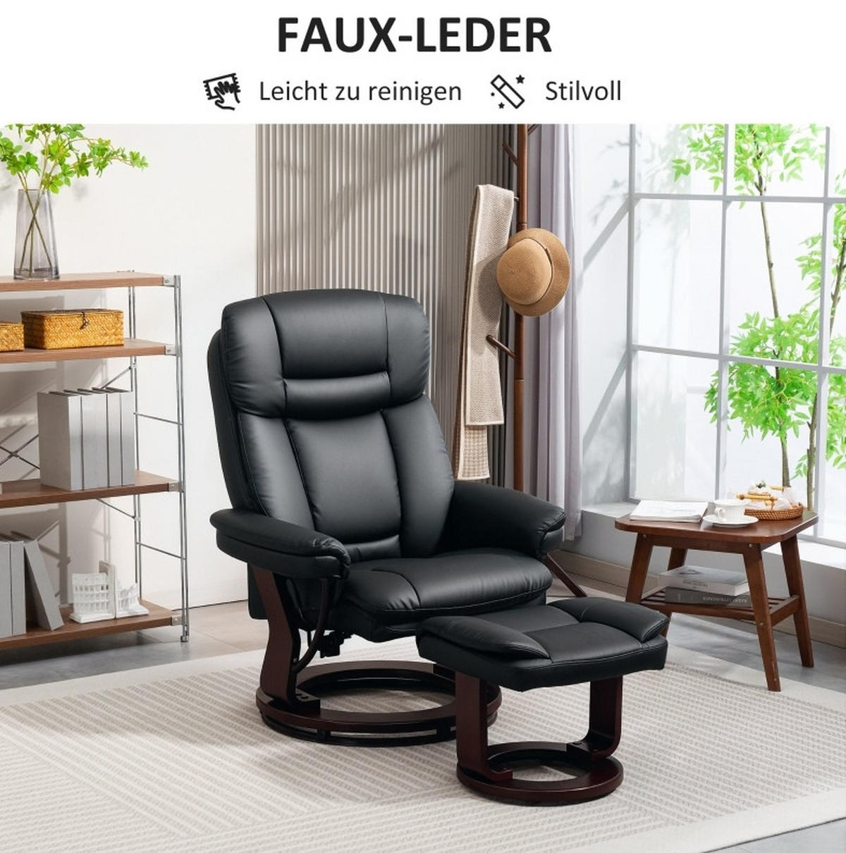 RELAXSESSEL mit Hocker Kunstleder 360° drehbar, bis 130° neigbar 86/83/107 cm Schwarz - Schwarz, Kunststoff (83/107/86cm) - Redom