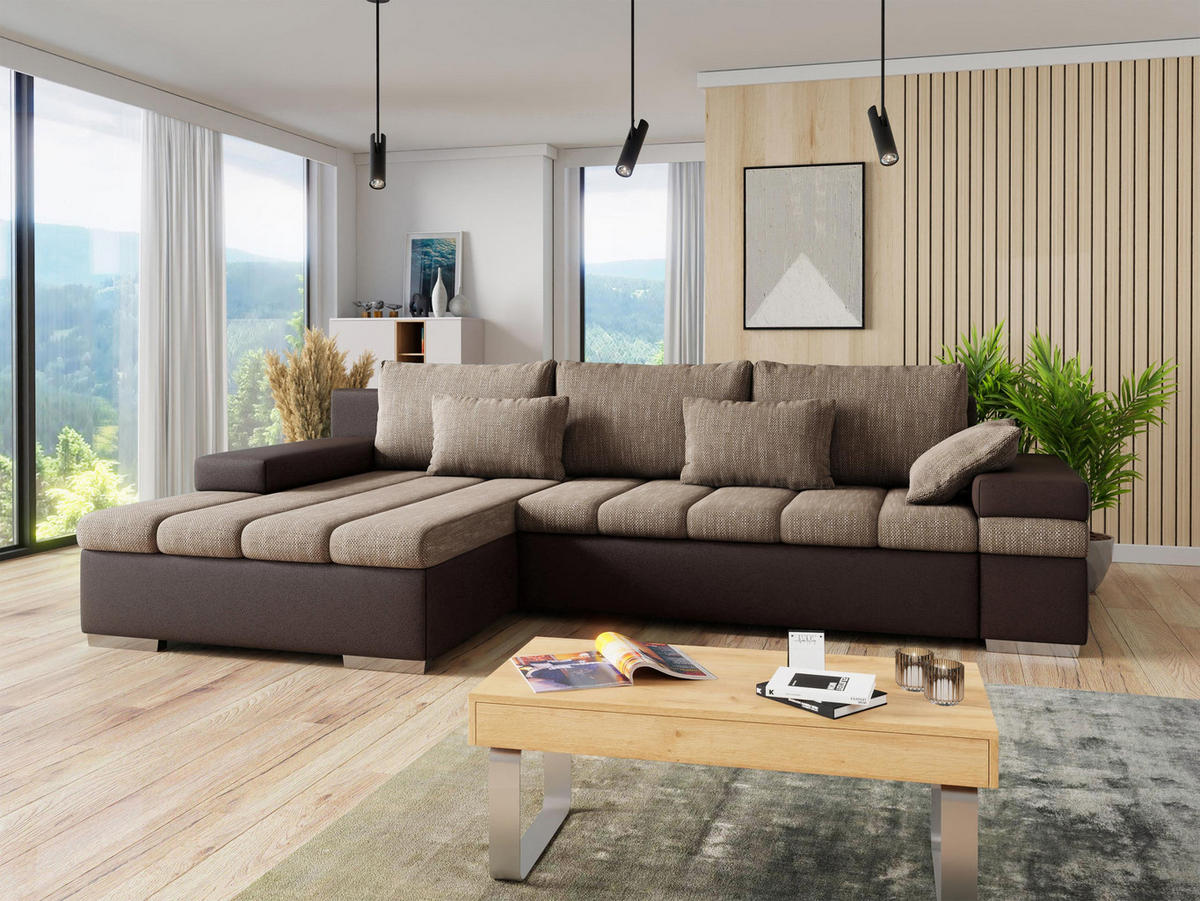 ECKSOFA Bangkok, Seite: Links - Silberfarben/Braun, Holz/Textil (310/175cm) - MIRJAN24