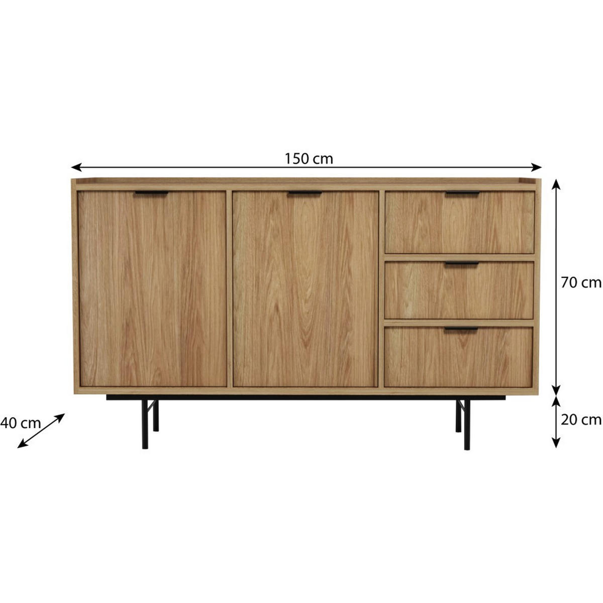 KOMMODE Evron mit 3 Schubalden und 2 Türen, Hikora Eiche - Eichefarben/Schwarz, Holzwerkstoff/Metall (150/90/40cm) - Beautysofa