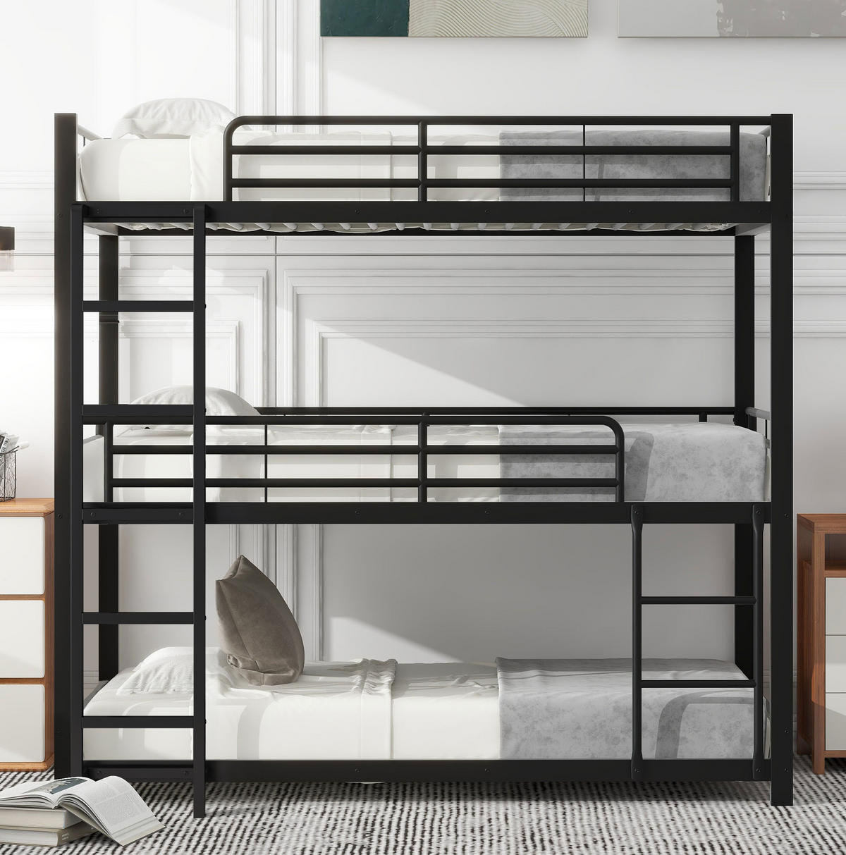 ETAGENBETT 90/200 cm in Schwarz mit 3 Liegeflächen und Leiter - Schwarz, Metall (90/200cm) - OKMYHOME