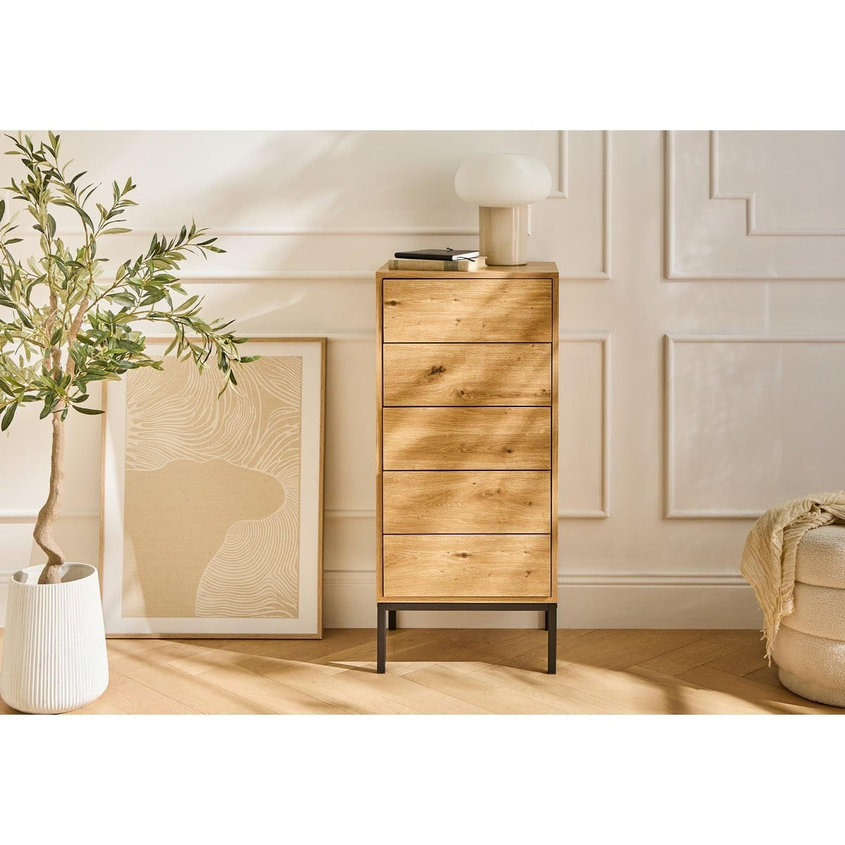 HOCHKOMMODE mit 5 Schubladen und Metallfüßen 45/38/100 cm - Eschefarben, Holzwerkstoff (38/100/45cm) - Calicosy