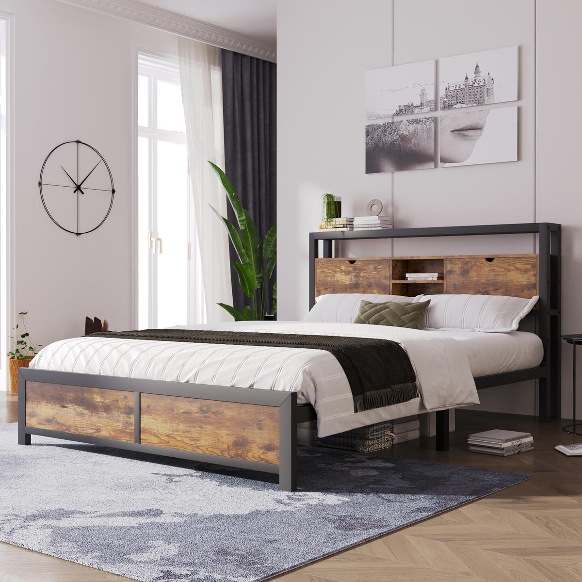 BETT 140/200 cm mit Stauraum und Holzmaserung - Naturfarben, Metall (140/200cm) - OKWISH