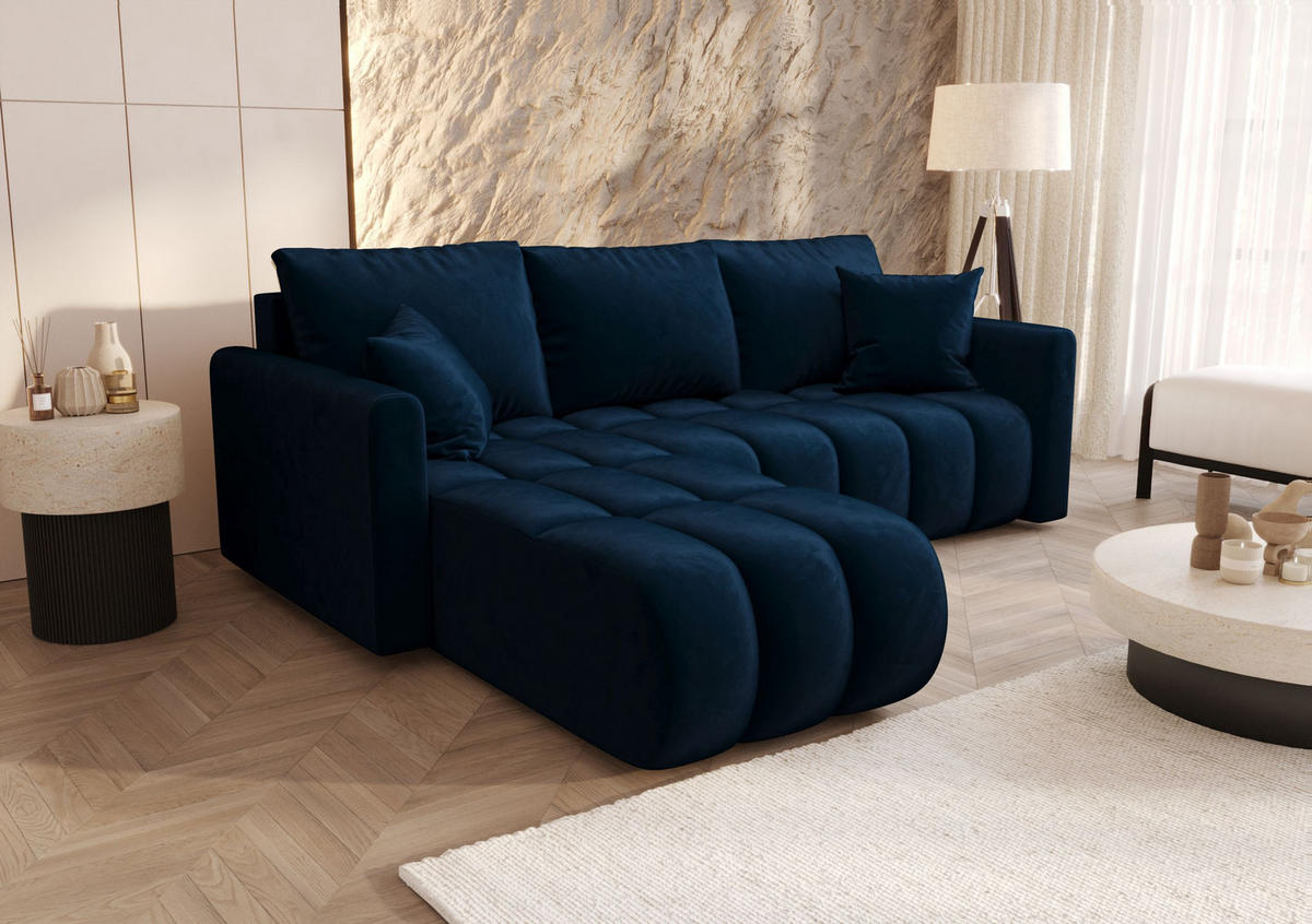 ECKSOFA GARDA links dunkelblau Velours Monolith 77 - Schlaffunktion, Bettkasten - Dunkelblau, Textil (230/150cm) - Cornero
