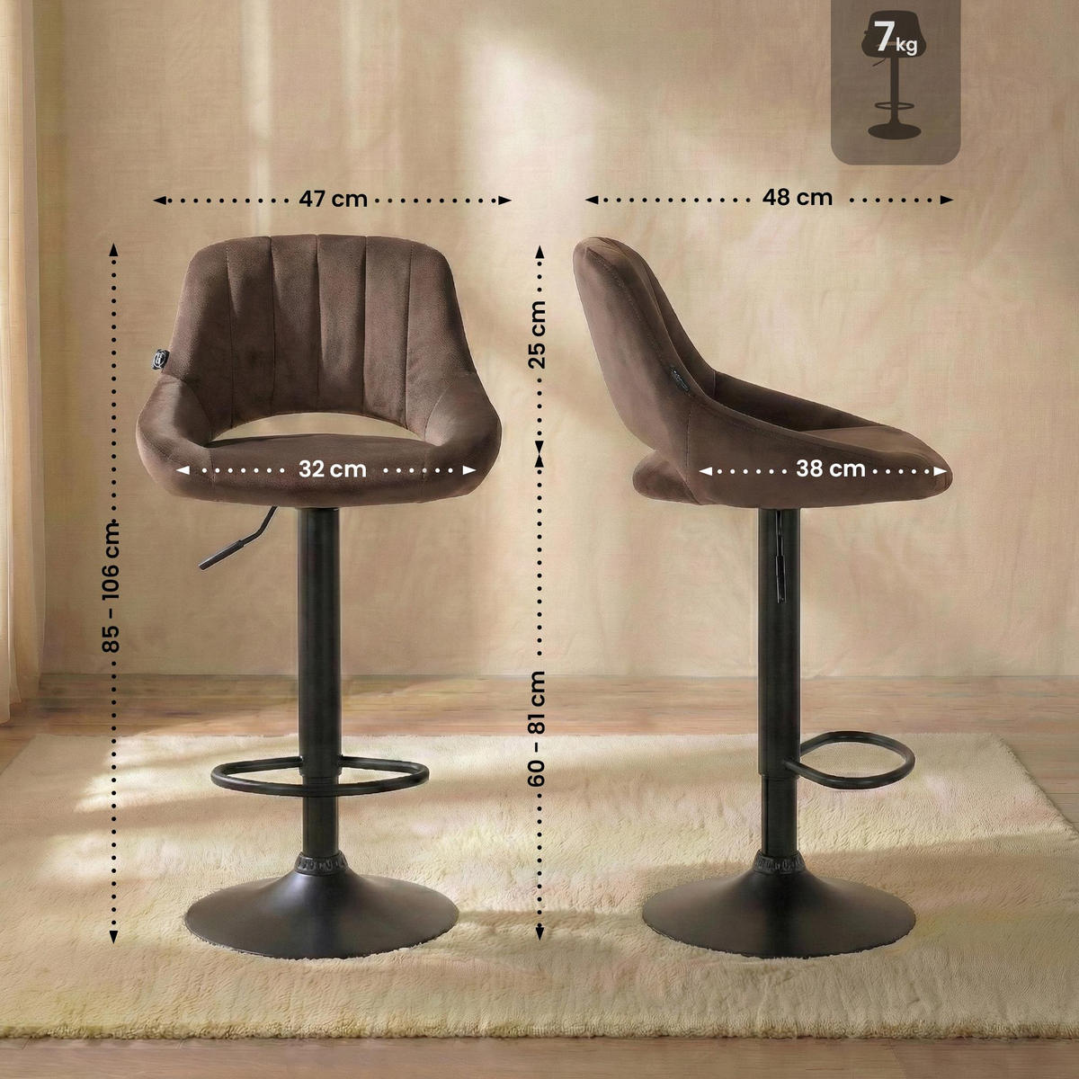 BARHOCKER Samt Braun - Schwarz/Braun, Textil/Metall (47/85/48cm) - CLP