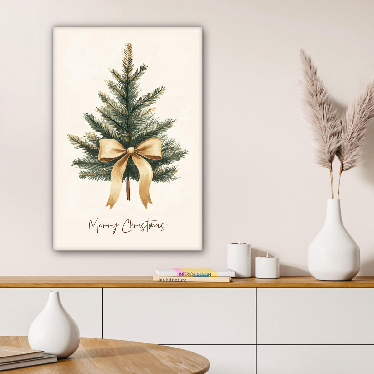 LEINWANDBILD Weihnachtsbaum - Weihnachten - Frohe Weihnachten - Beige 60x90 cm - Sandfarben, Textil (60/90cm) - MuchoWow