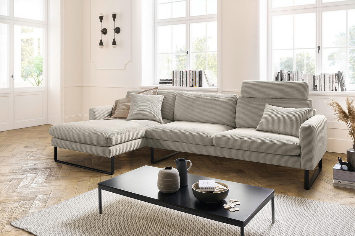 ECKSOFA RICARDA Granit Cord - Greige/Schwarz, Textil/Metall (298/154cm) - KAWOLA