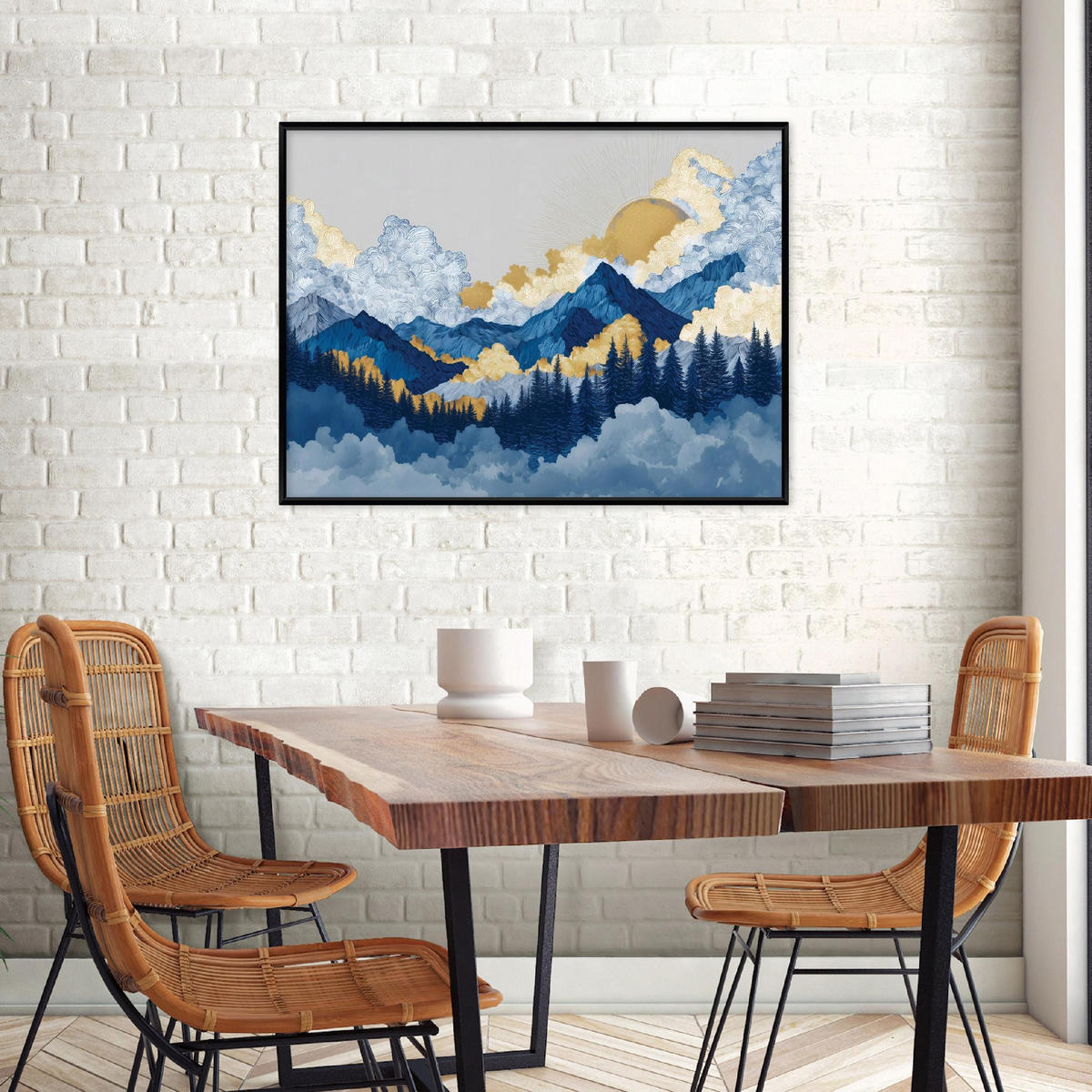 BILDER mit Rahmen Berge Aquarell Blau 120x80 cm - Multicolor, Holzwerkstoff (120/80cm) - Wallarena