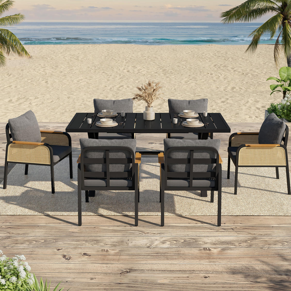 GARTENMÖBELSET 148/80/75 cm schwarz/natur aus Eisen mit 6 Stühlen - Naturfarben, Metall - OKWISH