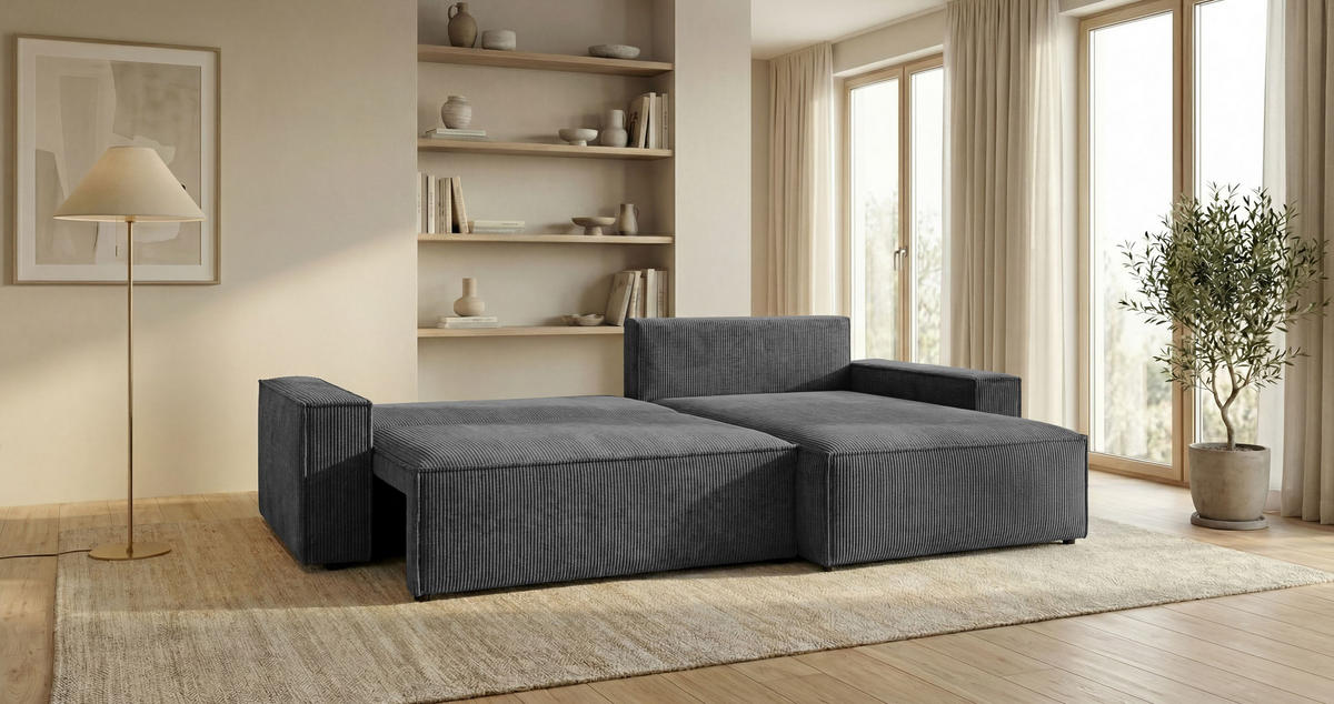 ECKSOFA VIENNA rechts dunkelgrau Cord Poso 60 - Schlaffunktion, Bettkasten - Anthrazit, Textil (285/184cm) - Cornero