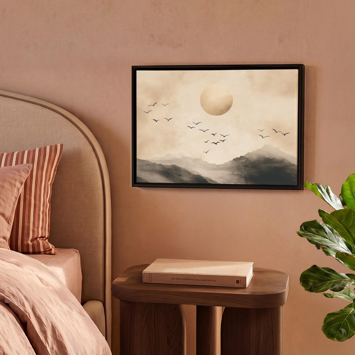 LEINWAND Bilder mit Rahmen - Landschaft - Japandi - Vogel - 40x30 - Beige, Textil (40/30cm) - MuchoWow