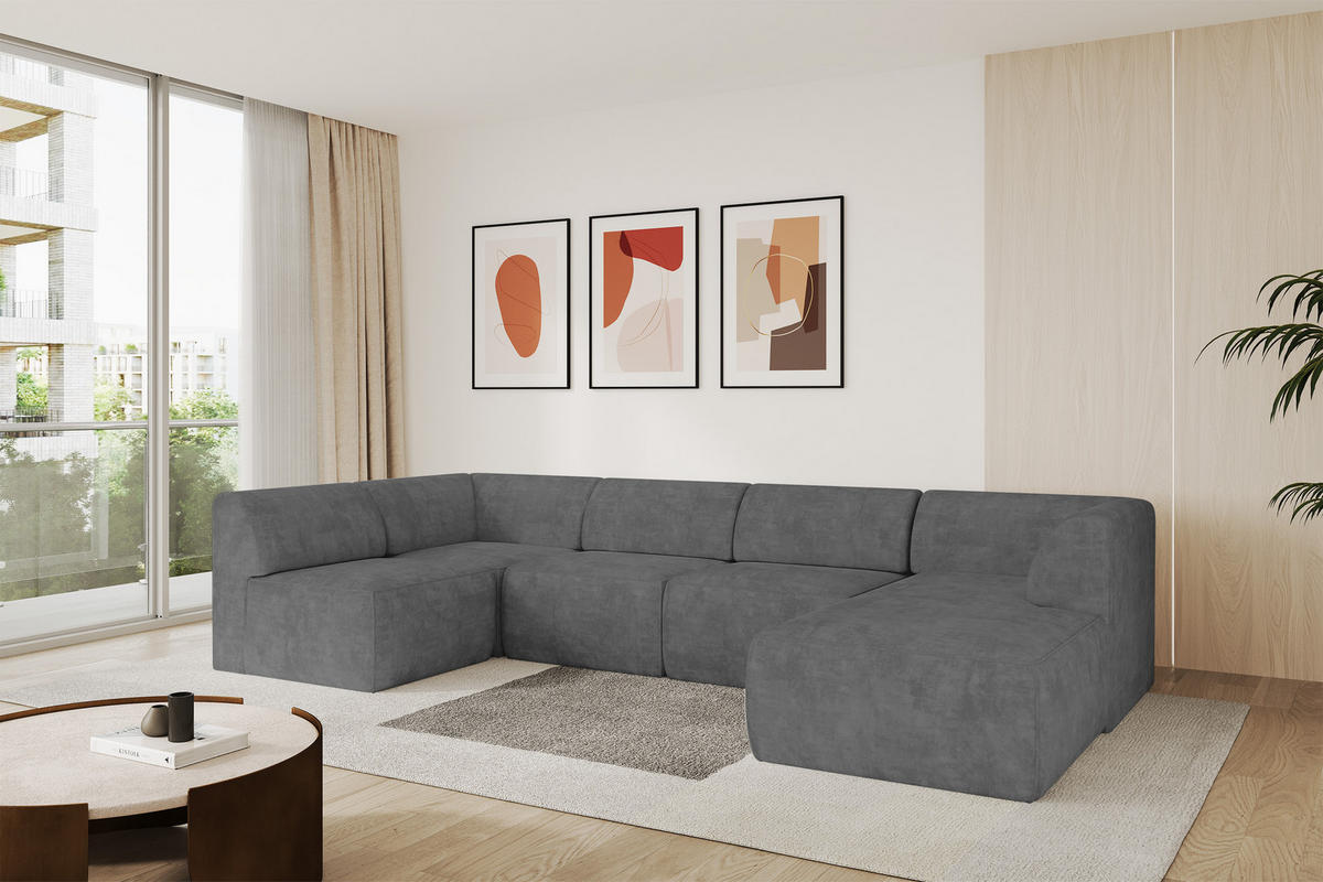 WOHNLANDSCHAFT Ottomane Rechts MOVO-L 345x180x78 cm Grau Velours - Taupe, Holzwerkstoff/Kunststoff (180/78/345cm) - ALTDECOR