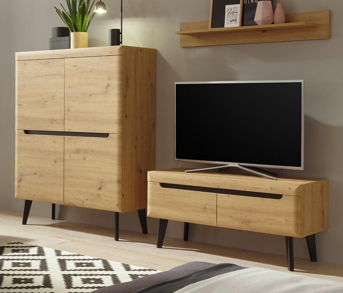 WOHNWAND 3-teilig Eiche Artisan, schwarz 234 cm, Schrankwand skandinavisch - Schwarz/Eiche Artisan, Glas/Holz (234/170/40cm) - Furn.Design