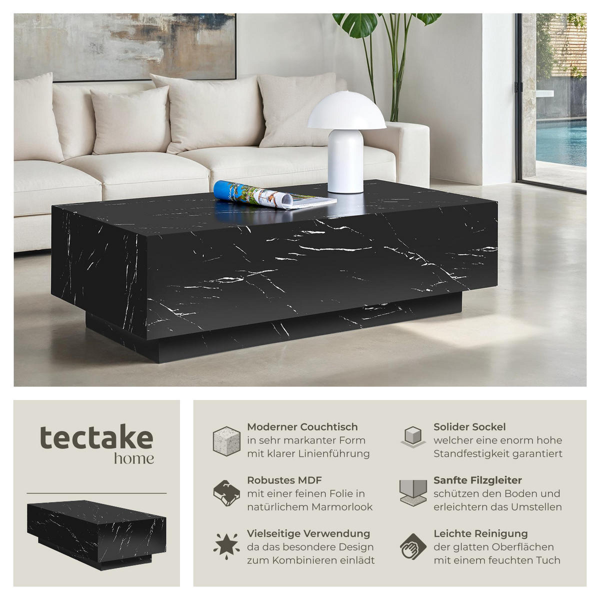 COUCHTISCH Lasley,inkl. Bodenschoner, Belastbarkeit 45 kg,Marmor Optik schwarz - Schwarz, Holz (60/120/35cm) - tectake