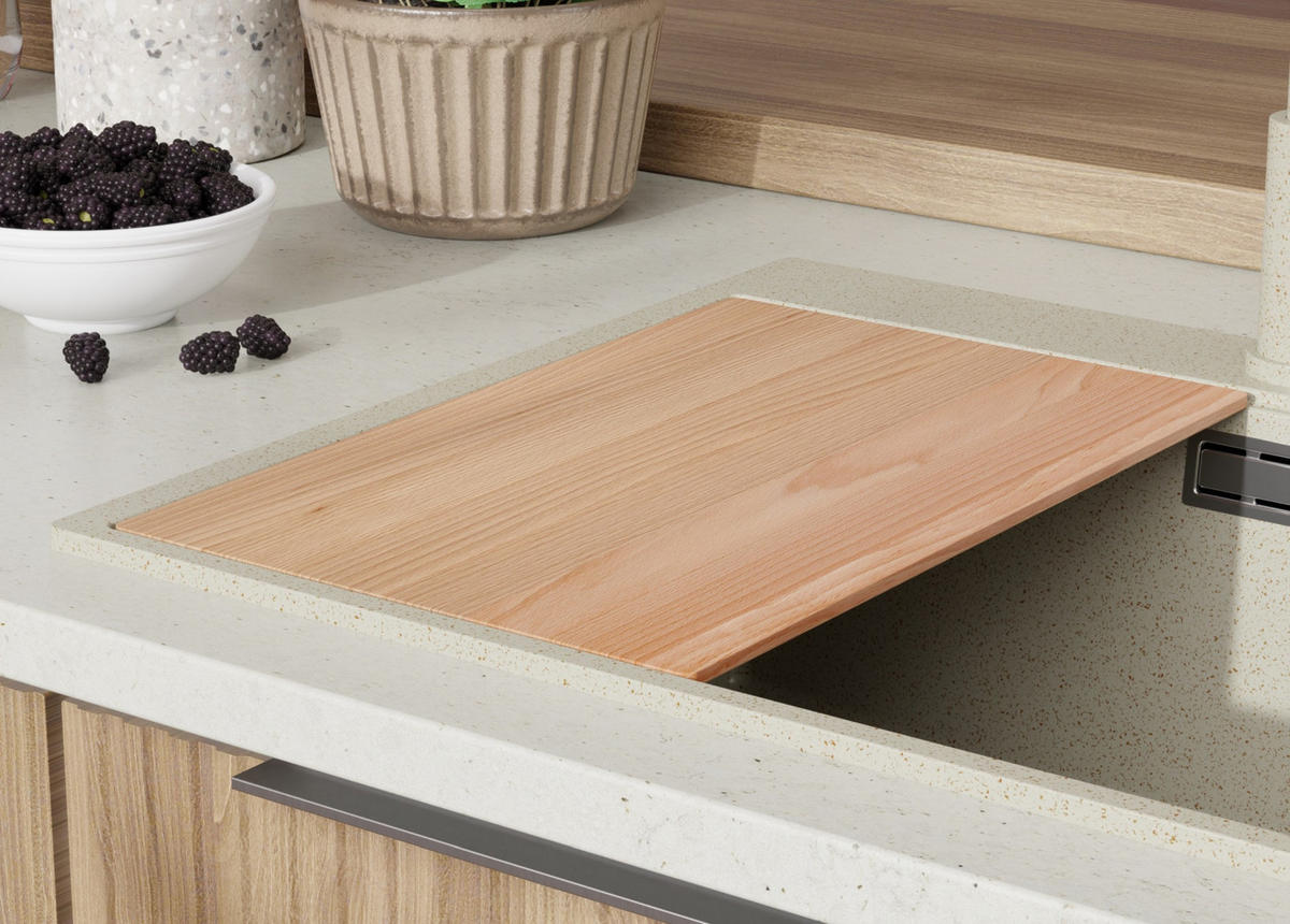 GRANITSPÜLE Oslo, 2-er set Beige 58/50 cm 1 Becken + Küchenarmatur 40/20 cm + Ablauf-Set + Schneidebrett ab 60er Unterschrank - Chromfarben/Beige, Kunststoff (58/20/50cm) - Primagran