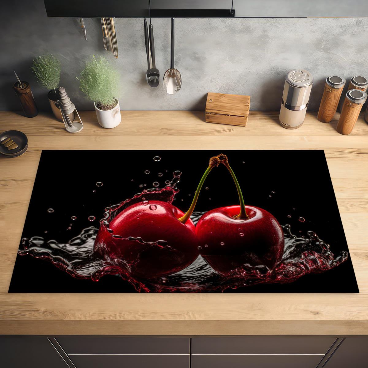 HERABDECKPLATTE - Kirsche - Rot - Frucht - Wasser - Schwarz - 90x55 - Kirschrot, Kunststoff (90/55/0.2cm) - MuchoWow