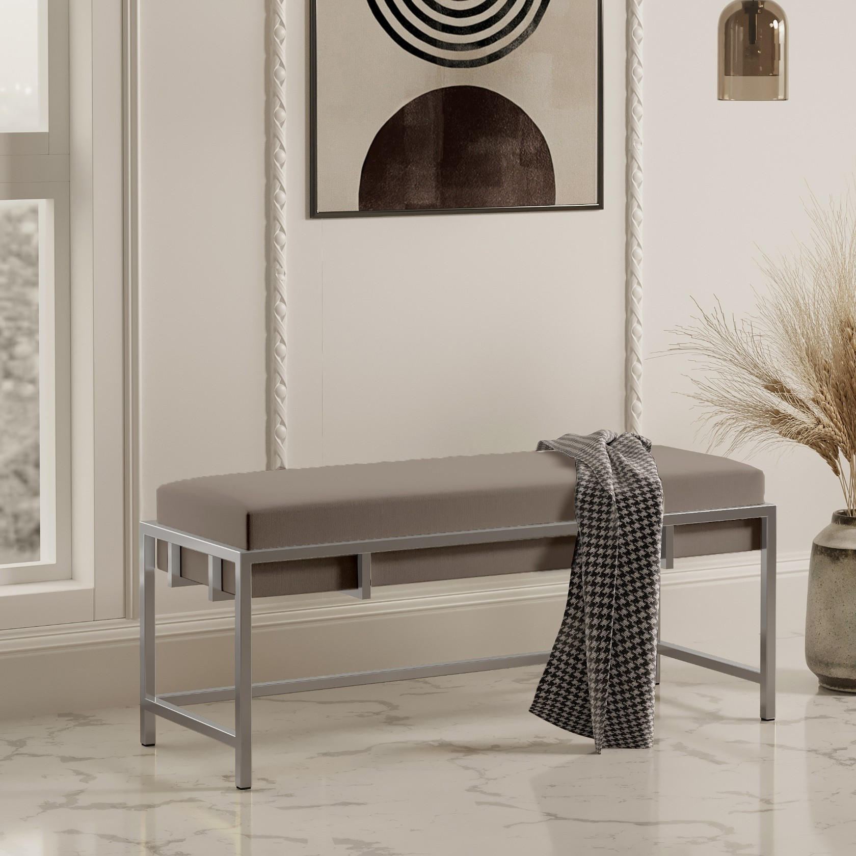 POLSTERBANK LAMO 80 cm Graubraun, Chromgestell, Velvet - Chromfarben/Dunkelgrau, Textil/Metall (80/45/35cm) - Bettso