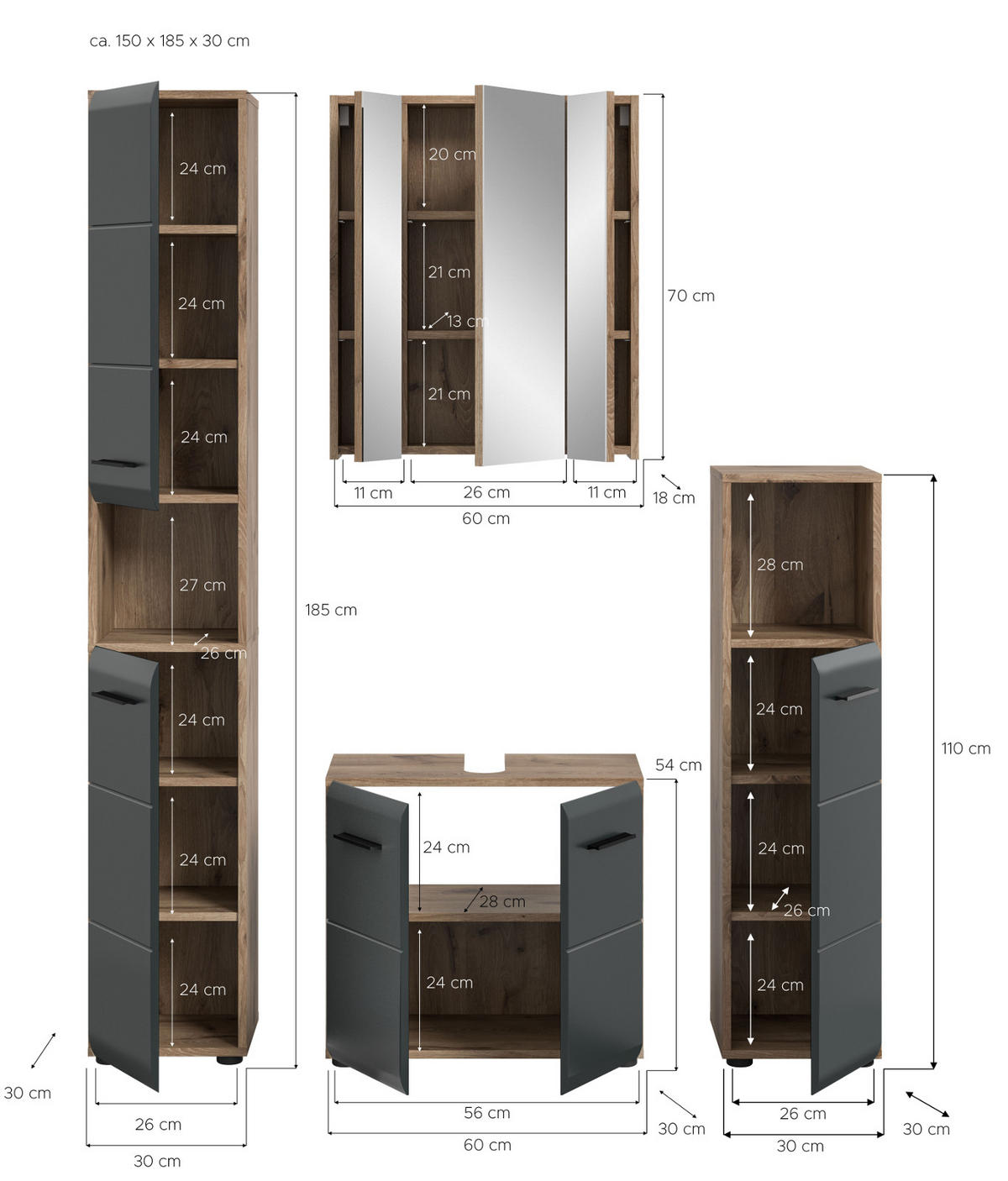 BADMÖBEL-SET Schwarz matt, Eiche Nox, Badezimmer 4-teilig 150 x 185 cm mit viel Stauraum - Eichefarben/Schwarz, Glas/Holzwerkstoff (150/185/30cm) - Inn.Furn