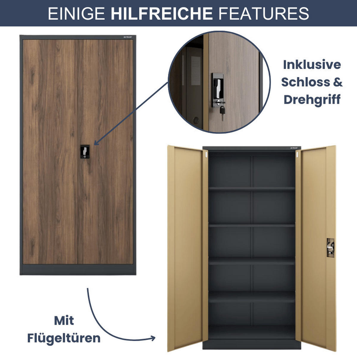 AKTENSCHRANK abschließbar KADO mit Flügeltüren 185x90x40cm Anthrazit-Nussbaum - Anthrazit, Metall (90/185/40cm) - DELUKE