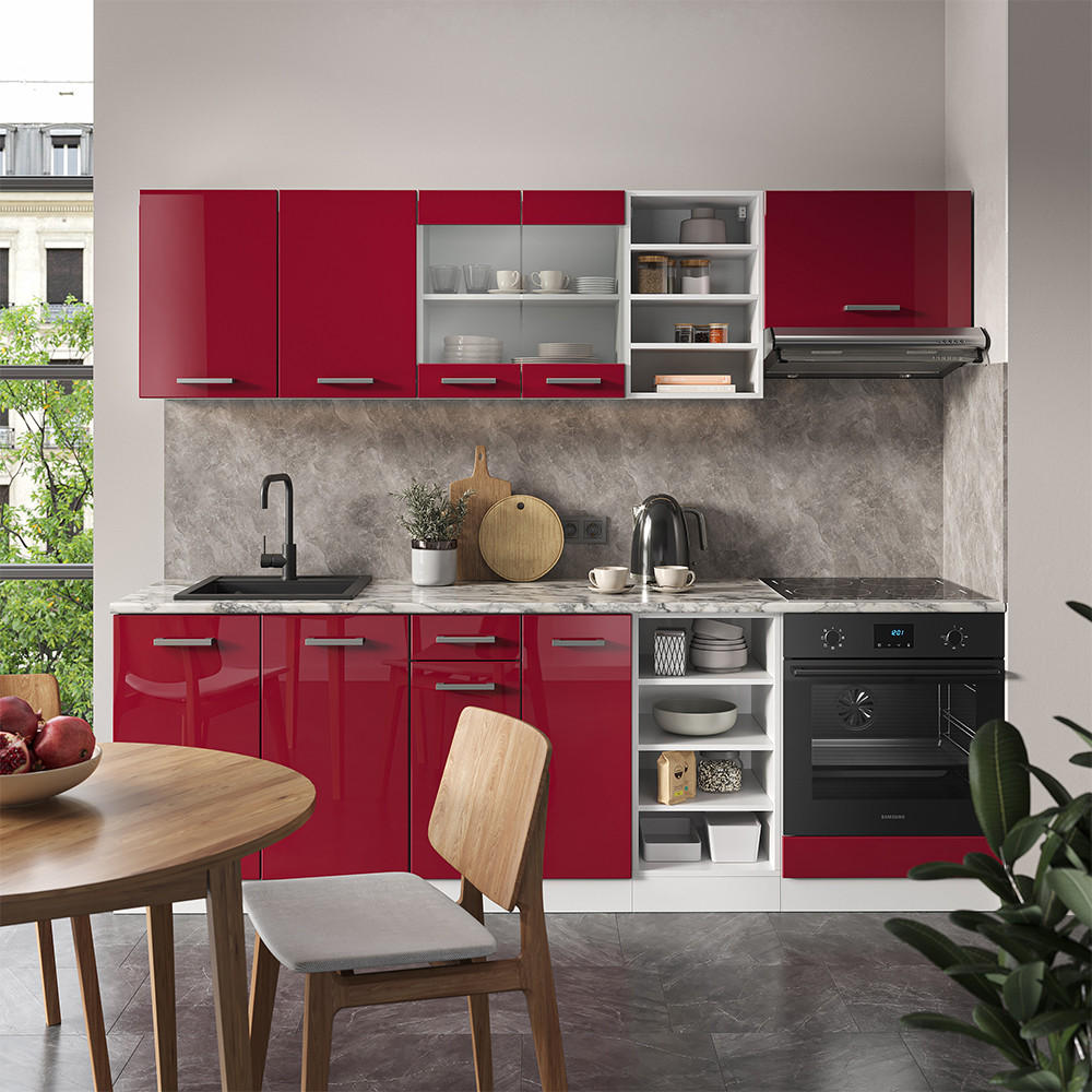 KÜCHENZEILE R-Line Bordeaux Hochglanz/Weiß 240 cm, AP Marmor - Bordeaux/Weiß, Holzwerkstoff (240/81.6/60cm) - Vicco