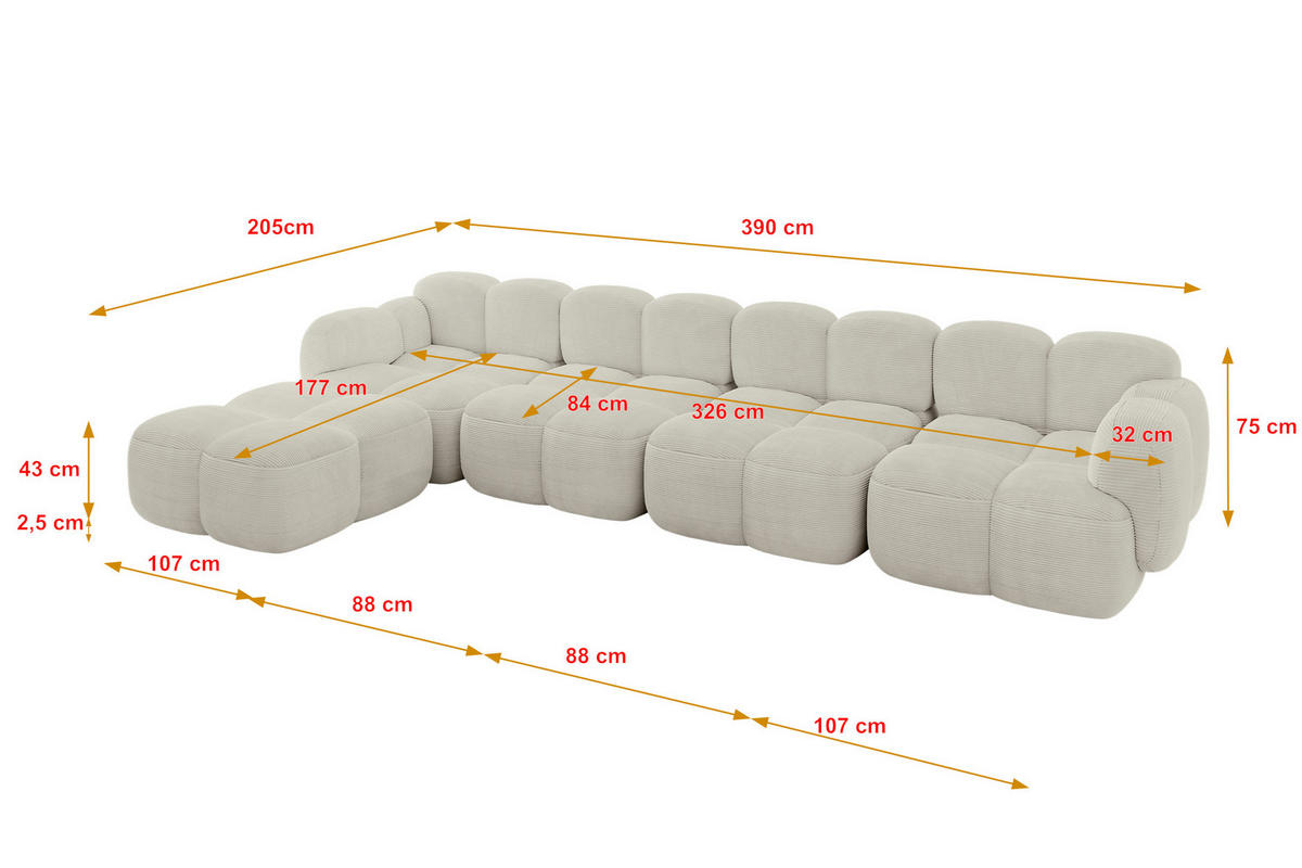 ECKSOFA modulares Sofa Links Miko-L3 390x205x75 Creme Cord - Schwarz/Mokka, Holzwerkstoff/Kunststoff (390/205cm) - ALTDECOR
