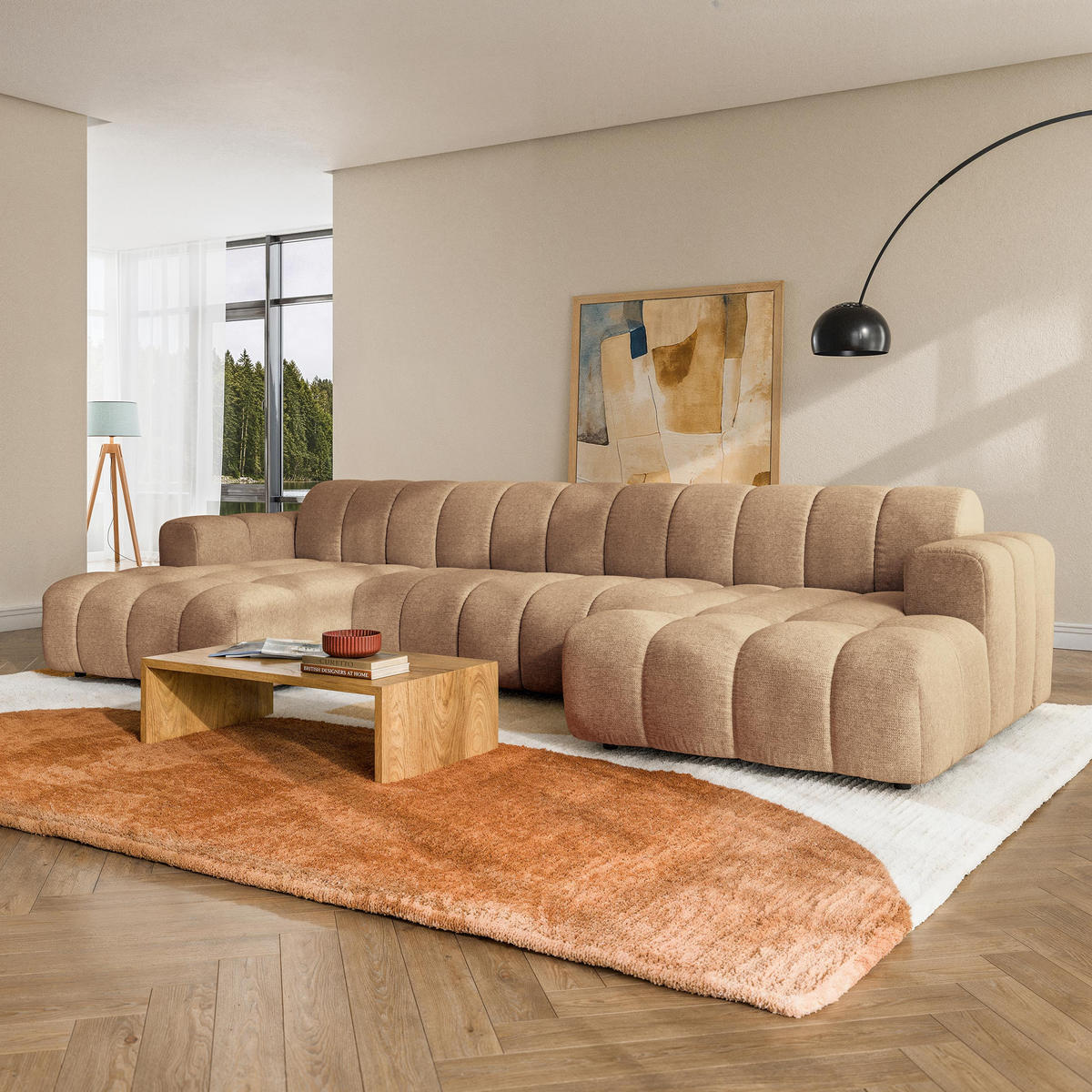 WOHNLANDSCHAFT AENIS Beige Strukturstoff - Beige, Holz (398/85/165cm) - MASSENO