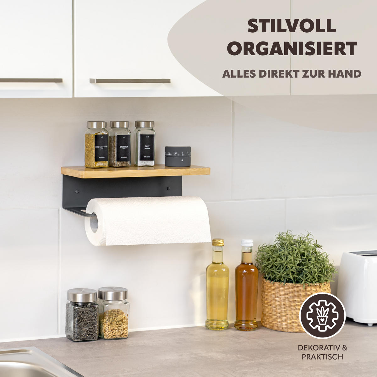 KÜCHENROLLENHALTER mit Bambusablage - Grau, Metall (32/9.5/13cm) - eluno