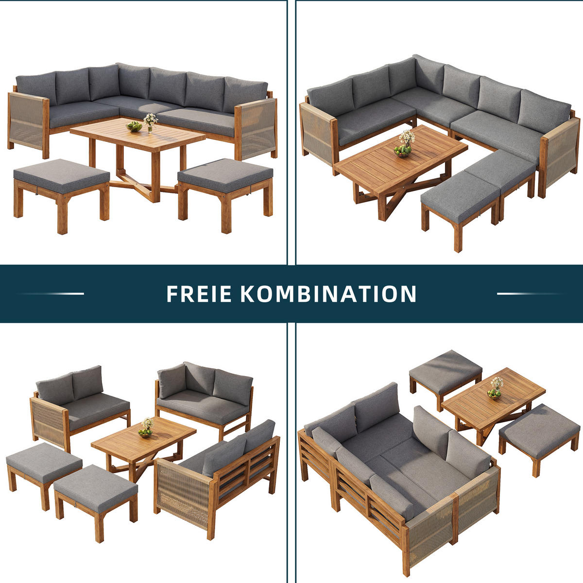 GARTENLOUNGE Akazienholz 6 Sitzer Ecksofa Tisch Hocker Kissen - Grau, Holz - FLIEKS