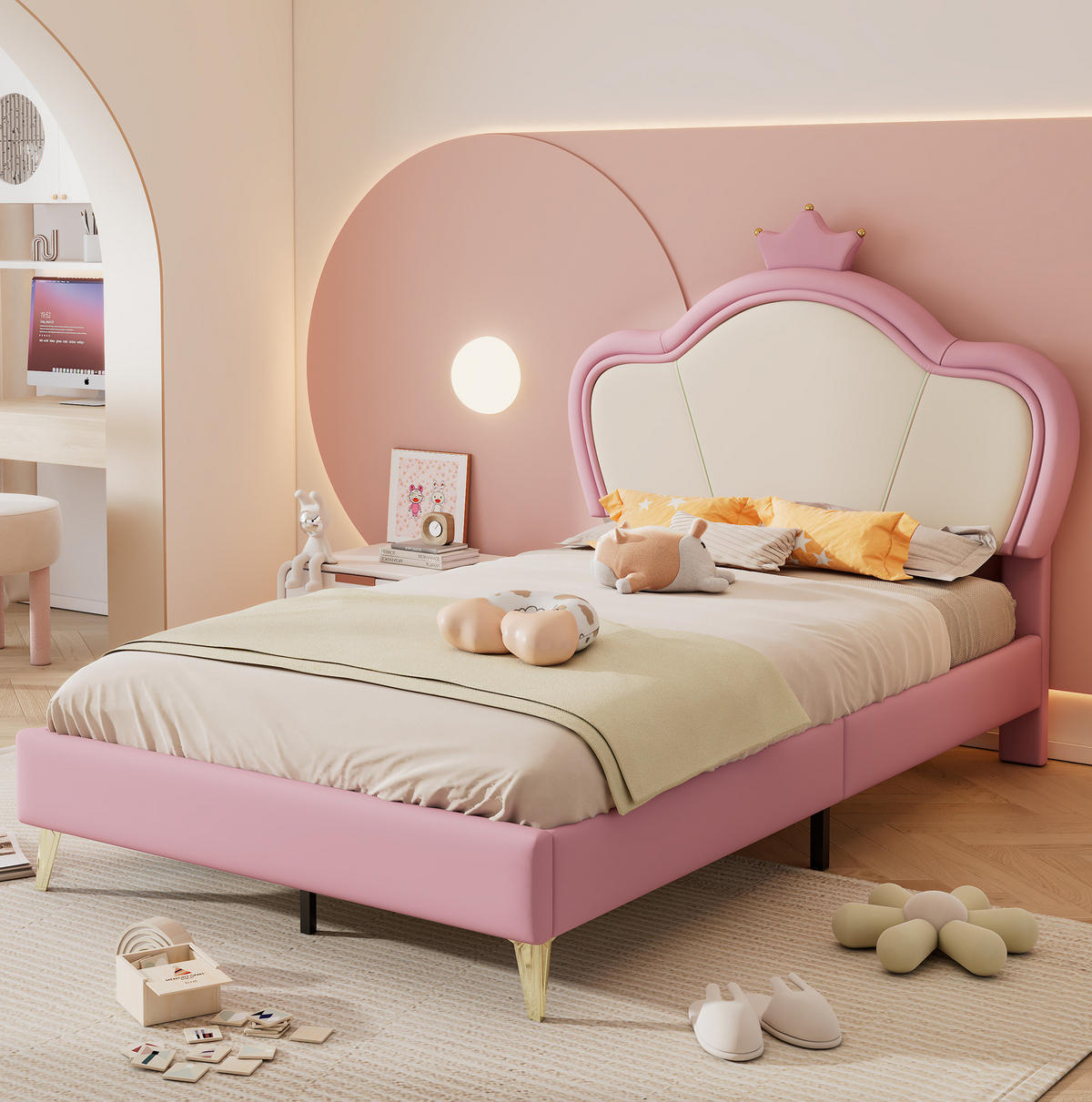 POLSTERBETT 90/200 cm Rosa/Weiß mit Krone ohne Matratze - Rosa, Textil (90/200cm) - MIVRAY