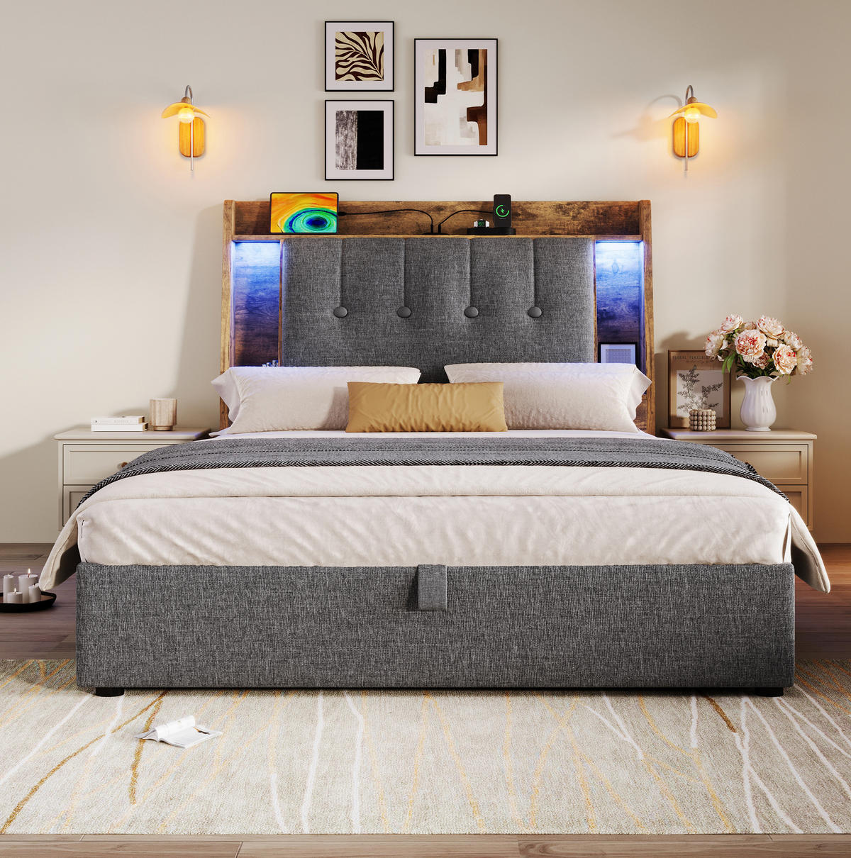 POLSTERBETT mit Stauraum, USB und LED 90x200 cm Leinen Grau - Grau, Metall (90/200cm) - Meubliv