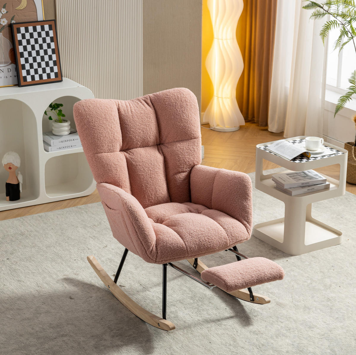 SCHAUKELSTUHL 80/98/98,5 cm rosa aus Lammfell-Optik mit Fußstütze - Rosa, Textil (98/98.5/80cm) - OKWISH