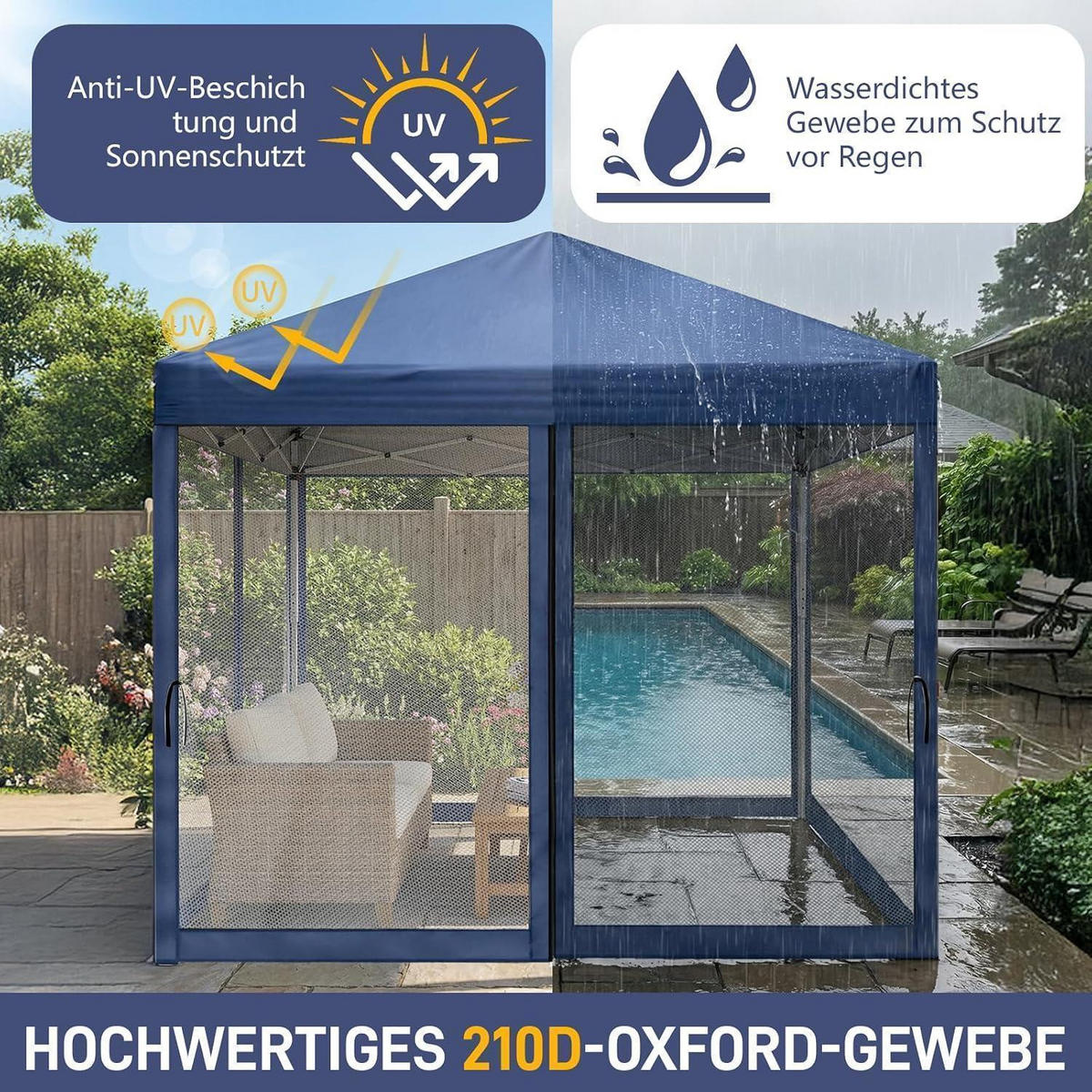 FALTPAVILLON 3x3 m mit Moskitonetzen Blau - Blau, Textil (300/245/300cm)