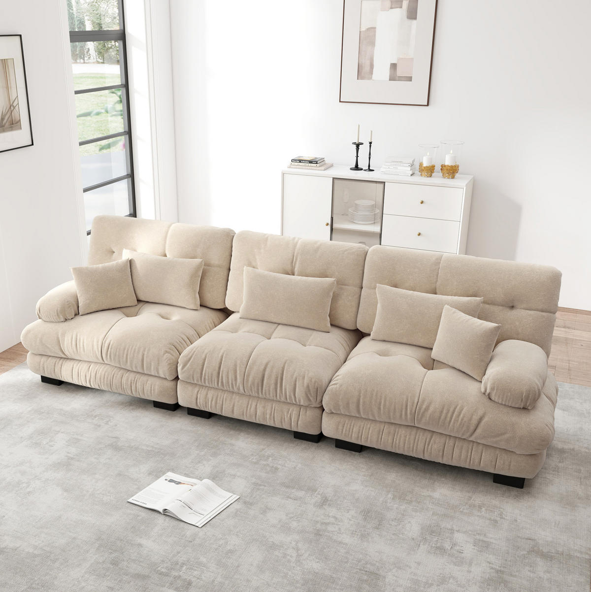 ECKSOFA mit Tiefensitz, runden Armlehnen und Chenille-Bezug, Hellbraun - Cappuccino, Textil (313/77cm) - Redom