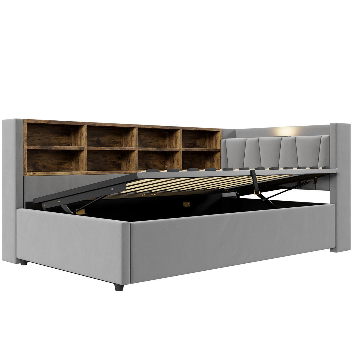 POLSTERBETT 90/200 cm mit hydraulischem Stauraum, USB- und USB-C-Anschluss, Ablagen und Samtbezug, Hellgrau - Hellgrau, Textil (90/200cm) - Redom