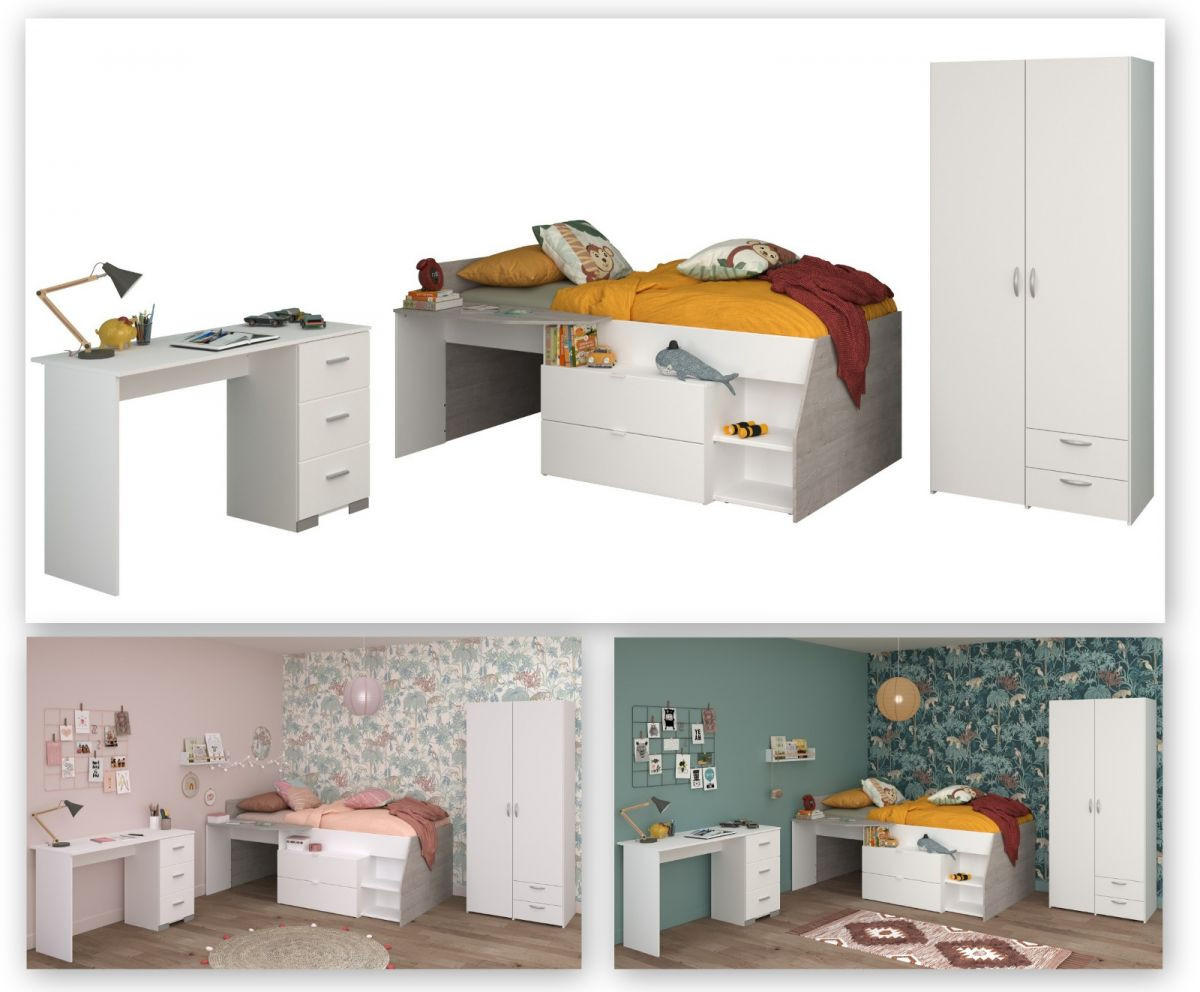 KINDERZIMMER weiß, grau, Komplett-Set mit Stauraumbett, Kleiderschrank, Schreibtisch - Silberfarben/Weiß, Holzwerkstoff/Kunststoff (135/185/203cm) - Parisot Meuble