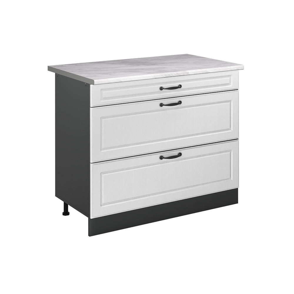 KÜCHENUNTERSCHRANK R-Line, Weiß Landhaus/Anthrazit, 100 cm Arbeitsplatte Marmor - Anthrazit/Weiß, Holzwerkstoff (100/81.6/60cm) - Vicco