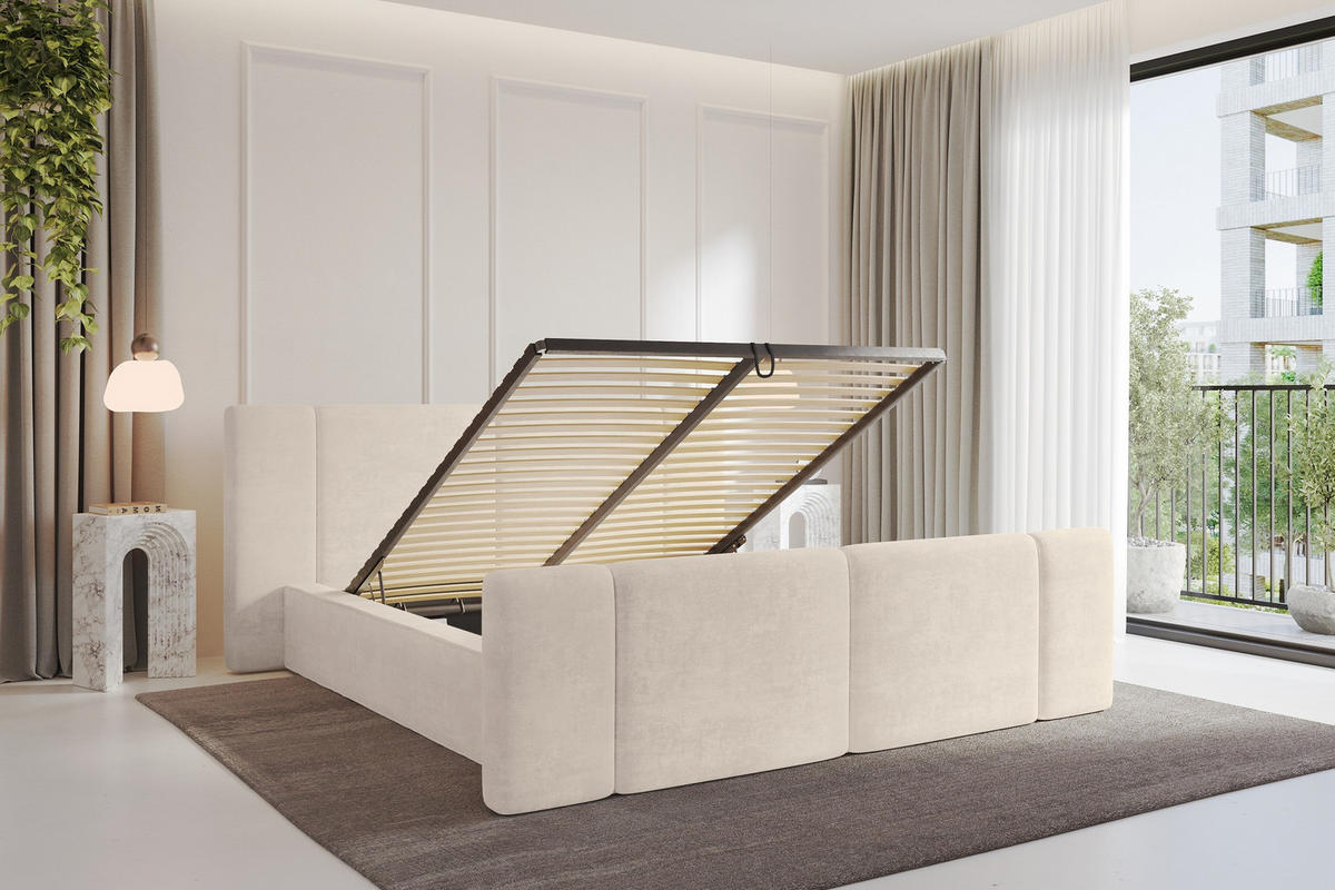 POLSTERBETT mit Bettkasten, Fußteil und Lattenrost, Boxbett ohne Matratze - RIVO-Z 160x200 Beige - Beige, Holzwerkstoff/Textil (160/200cm) - ALTDECOR