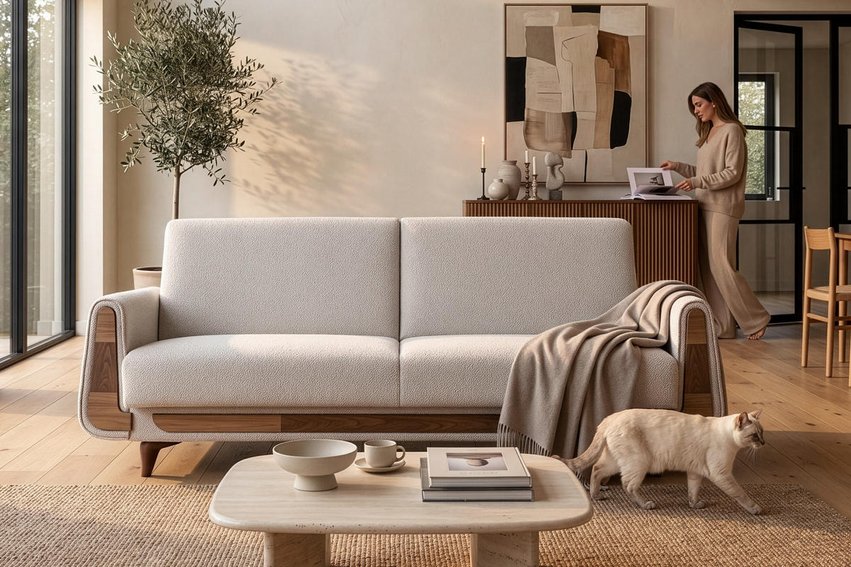3-SITZER-SCHLAFSOFA GUSTAVO mit Armlehnen, weiß - Braun/Weiß, Holz/Holzwerkstoff (230/98/98cm) - KONSIMO®